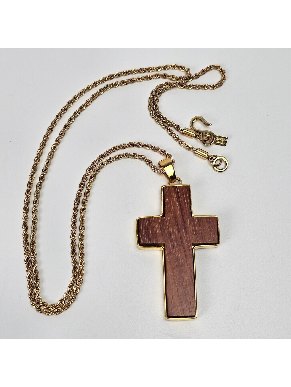 Kenneth Lane KJL Wood Cross Pendant Necklace 32" Gold Tone Rope Chain Signed